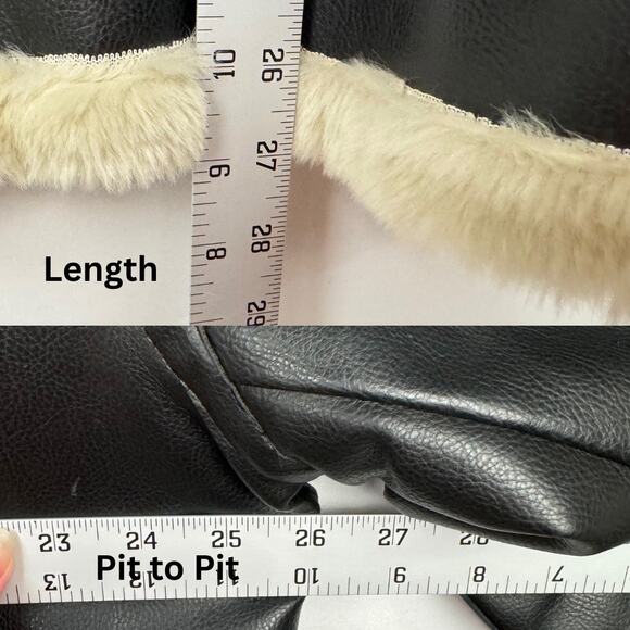 Miletta Black Cream Vegan Faux Leather Fur Trim Lined Zip Bomber Jacket Sz XL - Picture 10 of 15